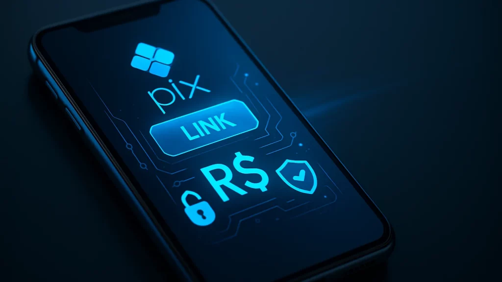 Ilustração de um smartphone com link de pagamento Pix instantâneo enviado via API do MuevyLink