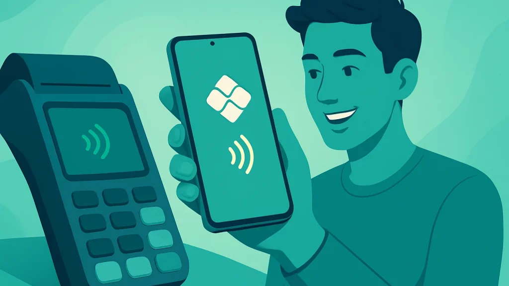 Ilustração de pagamento via Pix por aproximação com smartphone próximo a dispositivo de pagamento